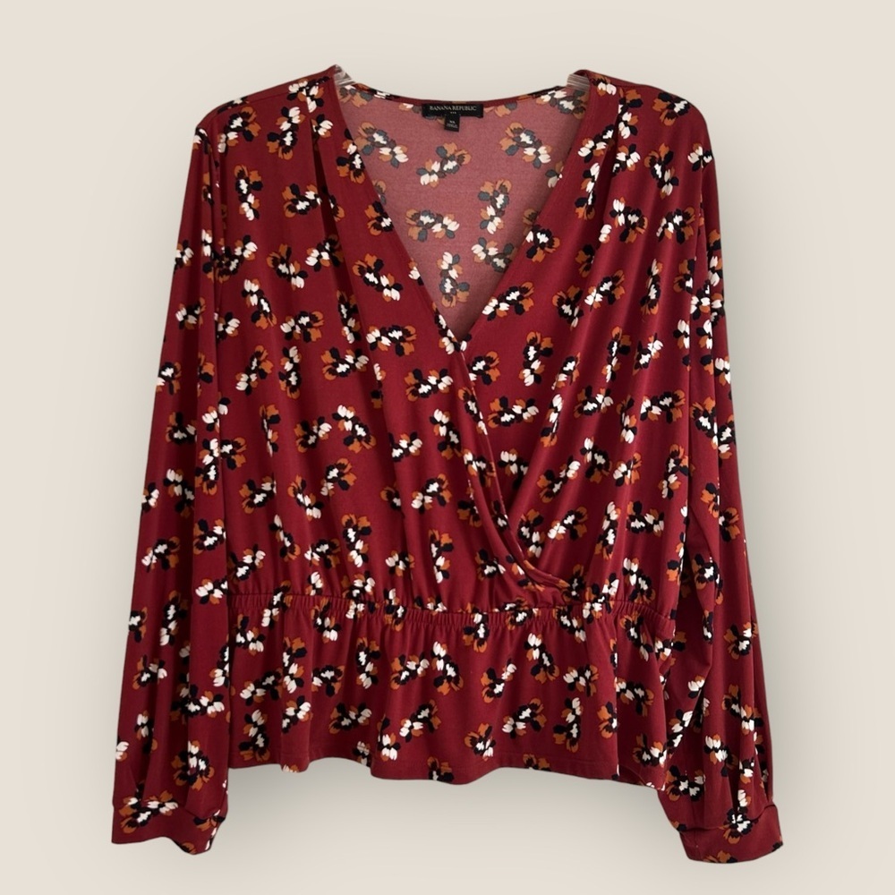 🌼 BR Brick Red w/ Multicolor Floral Print | Peplum Wrap Stretch Knit Top | Sz XL